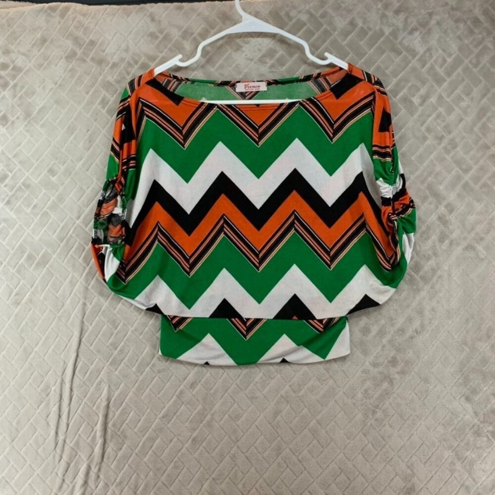 Vivace Womens Medium Blouse Crop Top Colorful Zig Zag Stripe Dolman Sleeve